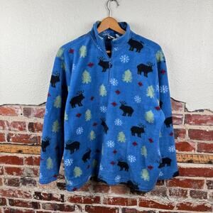 Vintage Cherokee Jacket Size XL Blue Black Fleece 1/4 Zip Pullover Moose Trees